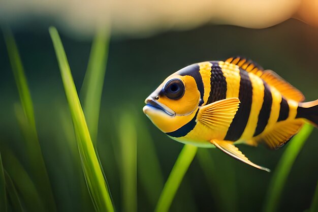 Foto um peixe amarelo e preto com listras pretas e listras brancas