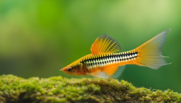 Foto um peixe amarelo e preto com um fundo verde