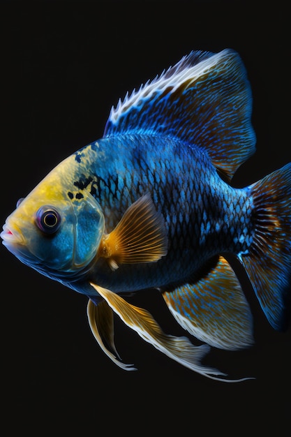 Um peixe azul com cauda amarela e cauda azul