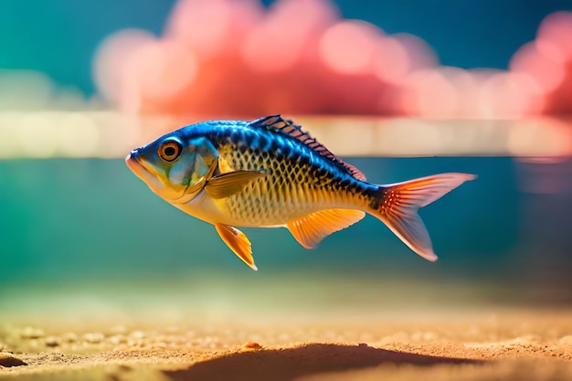 Foto um peixe azul com uma faixa amarela está nadando na água