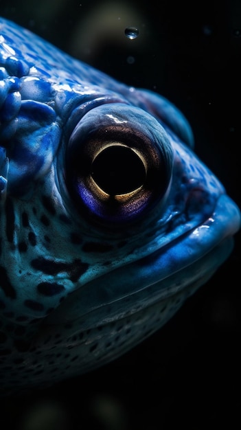 Um peixe azul com uma mancha preta no meio do olho