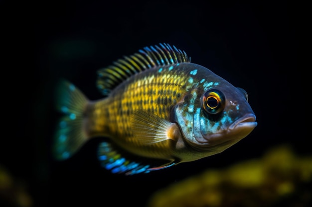 Um peixe azul e amarelo com fundo preto