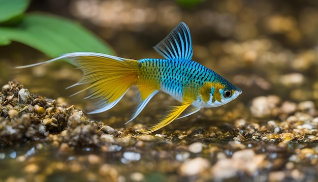 um peixe azul e branco está no chão e tem uma faixa azul na cauda