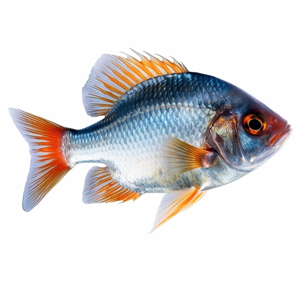 Um peixe azul e laranja com um fundo branco e a palavra peixe nele.