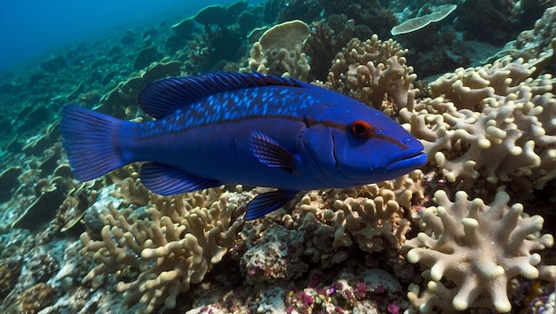 Foto um peixe azul está nadando em um recife de coral