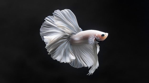um peixe betta branco com um olho preto e um fundo preto