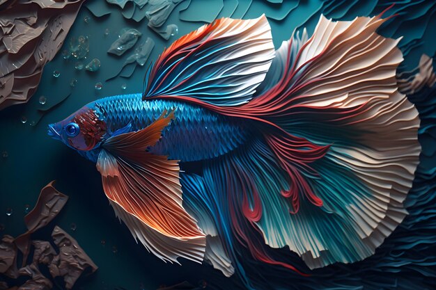 Um peixe betta com cores vermelhas e azuis é exibido