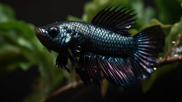 Foto um peixe betta preto com cauda azul senta-se em uma planta verde.