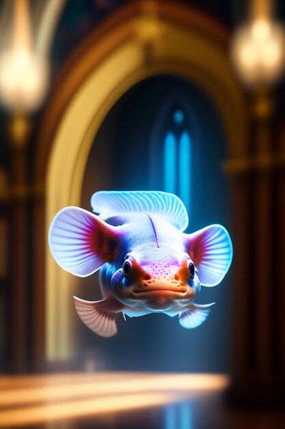 Foto um peixe colorido com manchas brancas nada na água em um fundo colorido