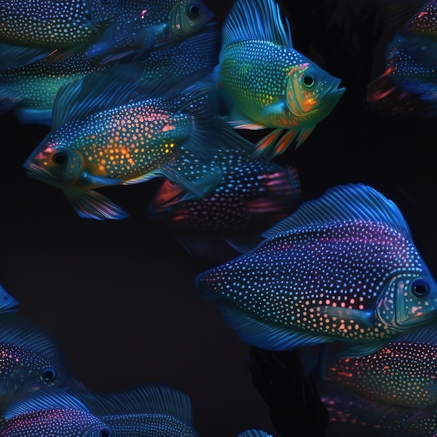 Um peixe colorido com pontos azuis e laranja em sua cauda é mostrado.