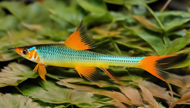 Foto um peixe colorido com uma cauda azul e cauda amarela