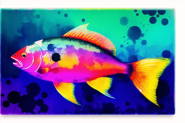 Foto um peixe colorido é pintado em um fundo colorido.