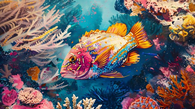 Um peixe colorido está na água com as palavras "peixe" no fundo.
