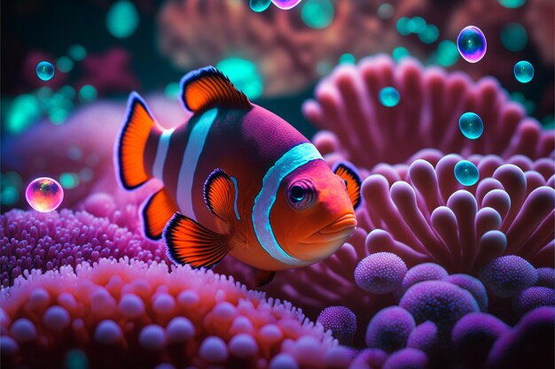 Um peixe colorido está nadando entre corais e um fundo roxo e azul.