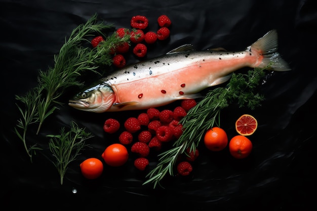 Um peixe com bagas vermelhas nele