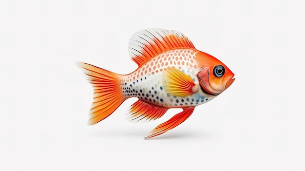 Um peixe com listras laranja e brancas e uma cauda vermelha.