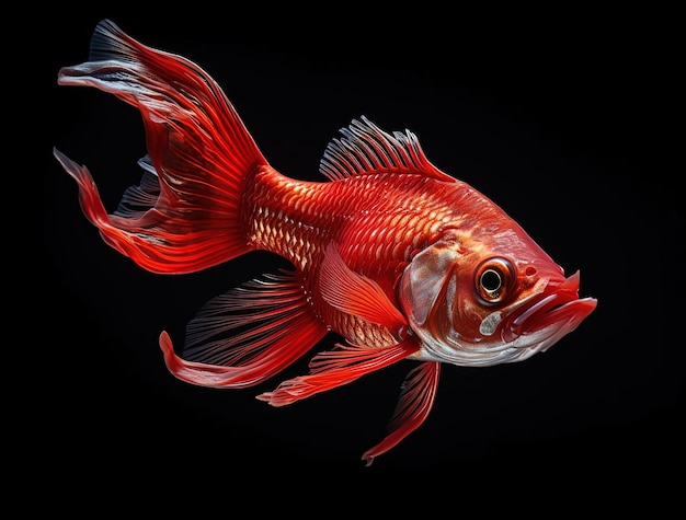 um peixe com muito movimento é fotografado em um fundo preto
