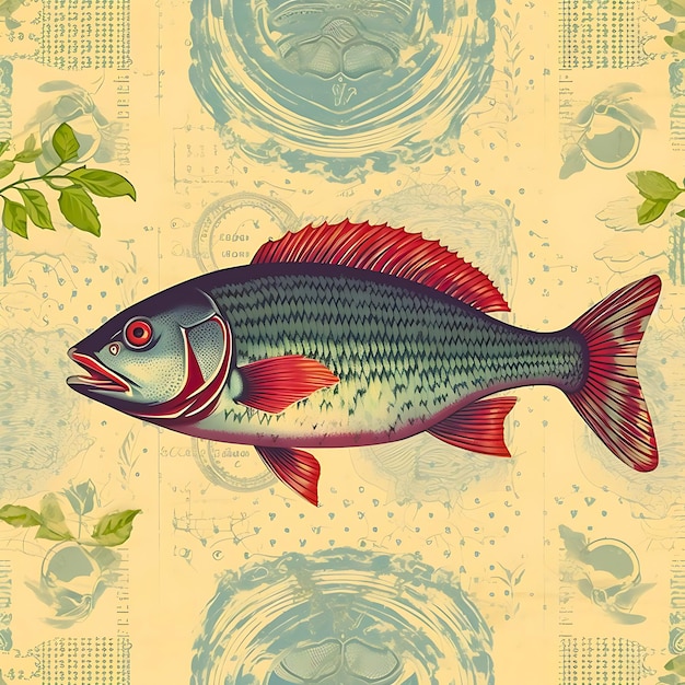Um peixe com o rosto vermelho e uma folha verde no fundo.