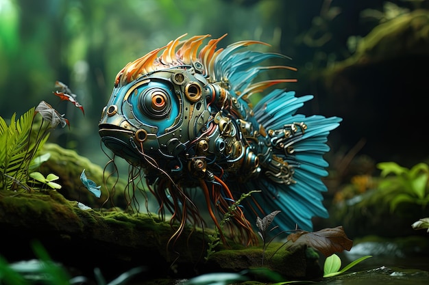 Foto um peixe com olhos laranjas e azuis senta-se numa selva