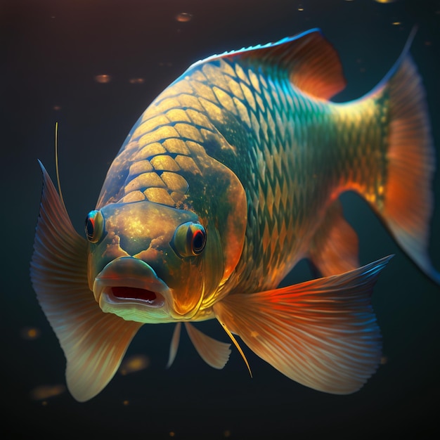 Um peixe com rosto vermelho e corpo amarelo está nadando na água.