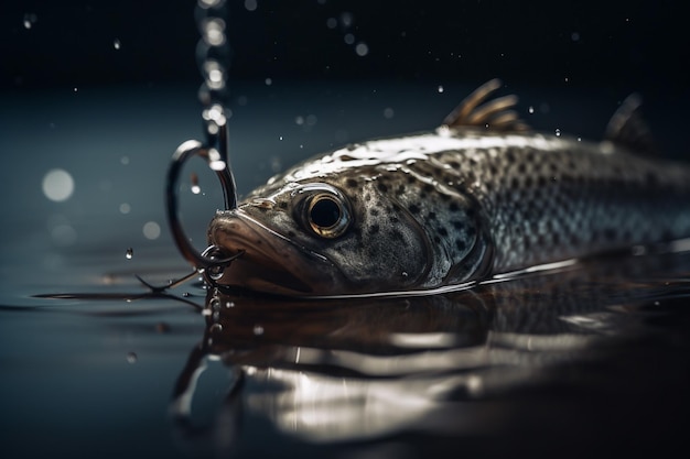 Um peixe com um anzol na água