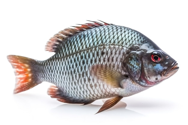 Um peixe com um olho vermelho está em um fundo branco.