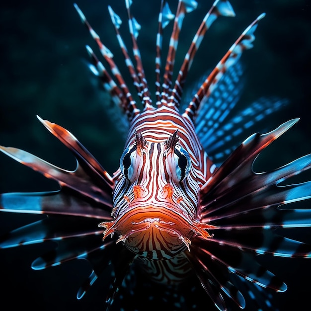 Um peixe com um padrão vermelho e azul está nadando na água.