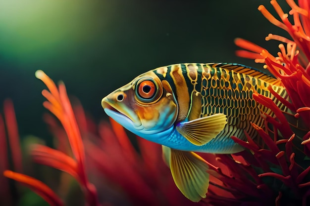 Foto um peixe com um rosto amarelo e olhos laranja está nadando em um tanque