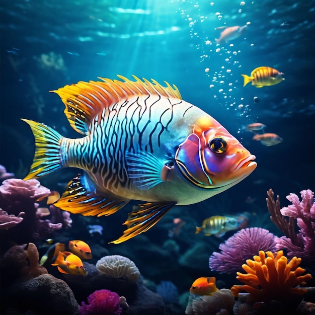 um peixe com um rosto azul e amarelo está nadando em um aquário