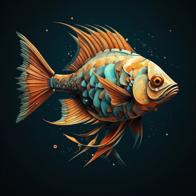 um peixe com uma cauda azul e laranja é mostrado em um desenho.