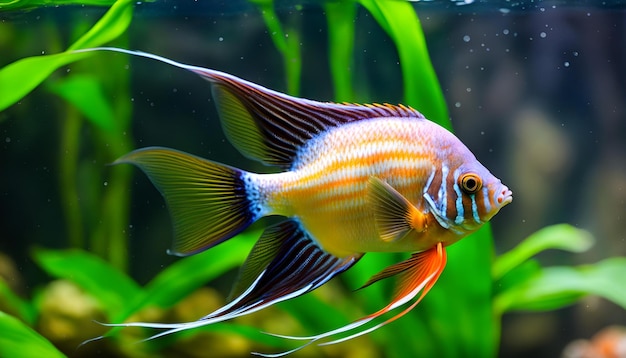 Foto um peixe com uma cauda listrada azul e branca está em um tanque