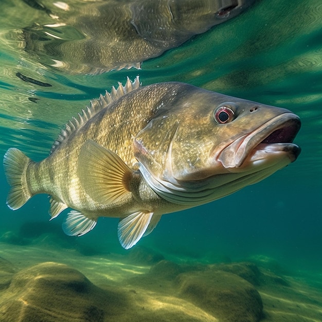 Foto um peixe com uma faixa amarela está nadando na água.