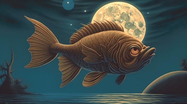 Um peixe com uma lua ao fundo