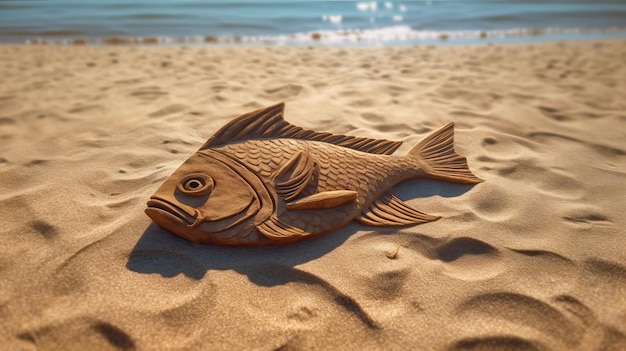 Um peixe de madeira em uma praia com o sol brilhando sobre ele