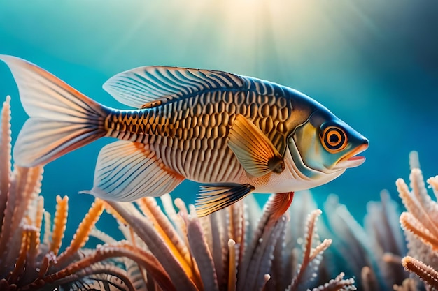 Foto um peixe é mostrado em um tanque com o sol brilhando
