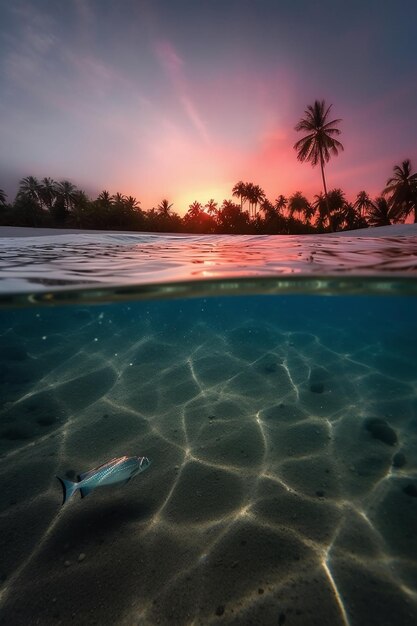 Um peixe e uma palmeira são vistos sob a água ao pôr do sol.