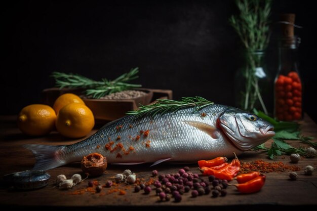 Um peixe em uma mesa de madeira com especiarias e ervas.