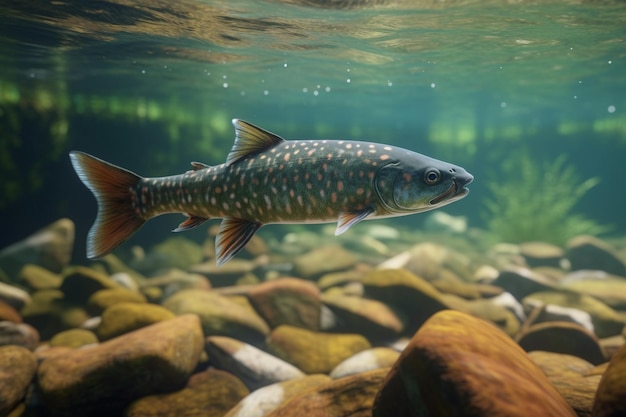 Um peixe em uma paisagem rochosa com um peixe malhado salpicado.