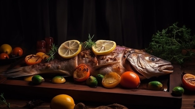 Um peixe em uma tábua de corte de madeira com legumes e limões.