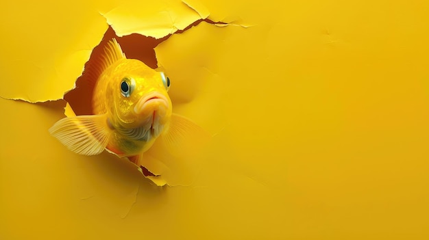 Um peixe engraçado olha através de um buraco rasgado em um fundo de papel de cor pastel vibrante