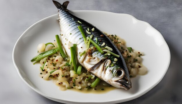 um peixe está em um prato com feijão verde e arroz