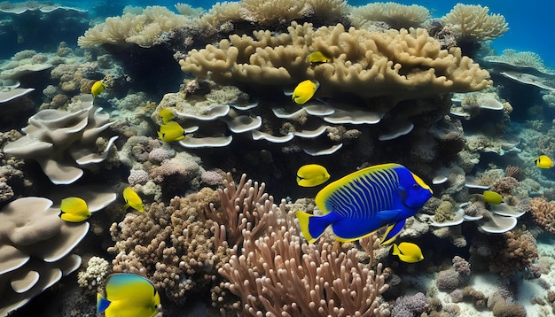 um peixe está nadando em torno de um coral com um peixe azul