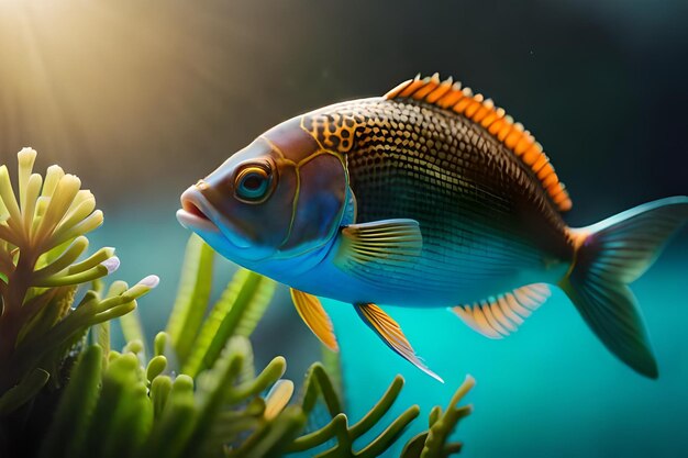 Foto um peixe está nadando em um aquário com o sol brilhando atrás dele