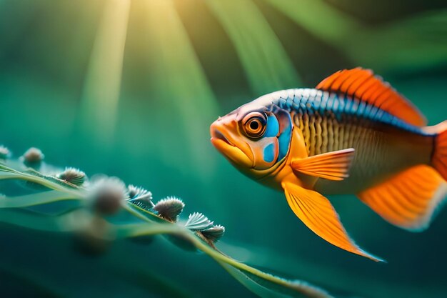 Foto um peixe está nadando na água com o sol brilhando atrás dele