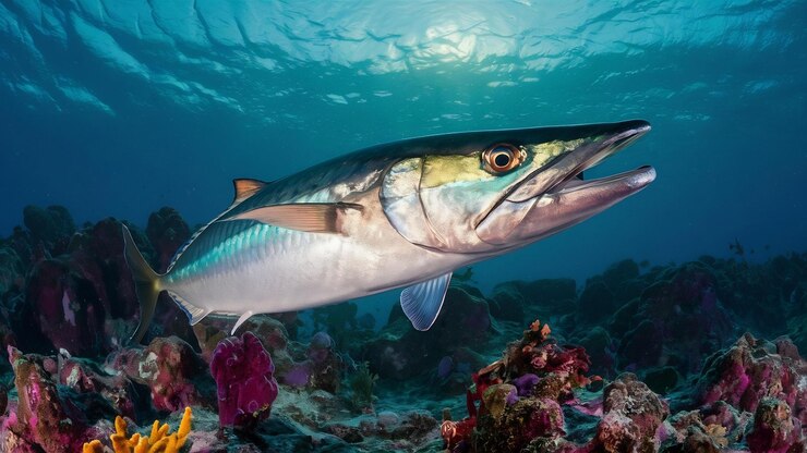 Foto um peixe está nadando na água com um sinal que diz peixe