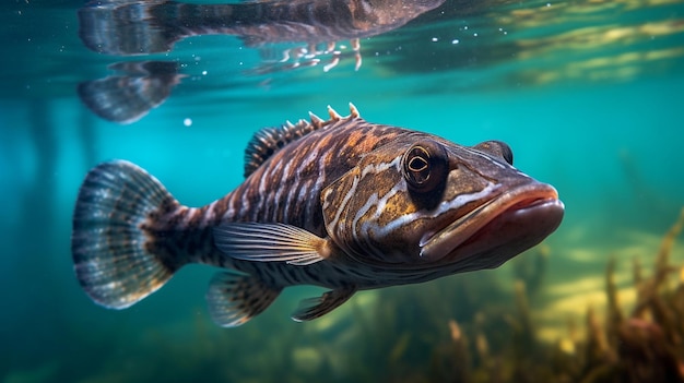 Um peixe está nadando na água com uma cabeça de peixe acima dele.