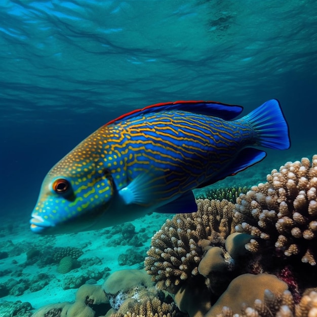 Um peixe está nadando sob o oceano com um recife de coral ao fundo.