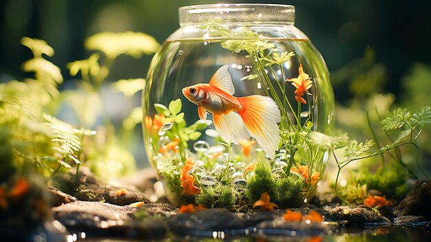 Um peixe fofo nada em um vaso transparente com plantas verdes