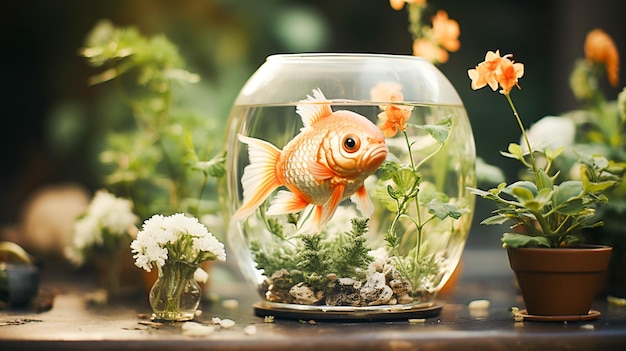 Um peixe fofo nada em um vaso transparente com plantas verdes
