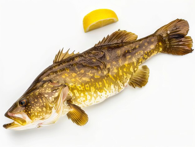 Um peixe grande com um limão em um fundo branco
